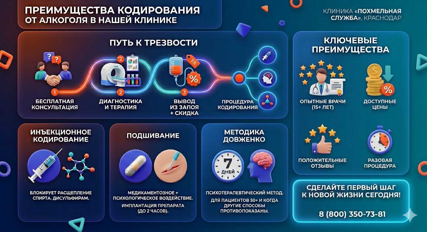 Инфографика о методах кодирования от алкоголя в Бобруйске: инъекции, подшивание, метод Довженко. Преимущества клиники и этапы лечения.